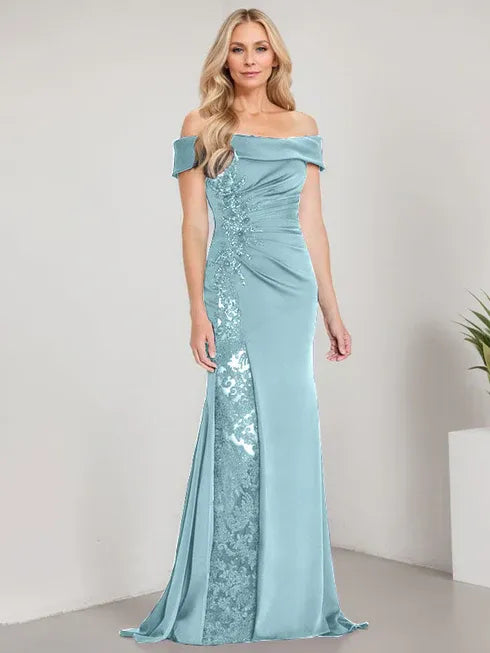 A-Line Off the Shoulder Floor-Length Mother of the Bride Dress Applique Beadings Mermaid Dress With High Split