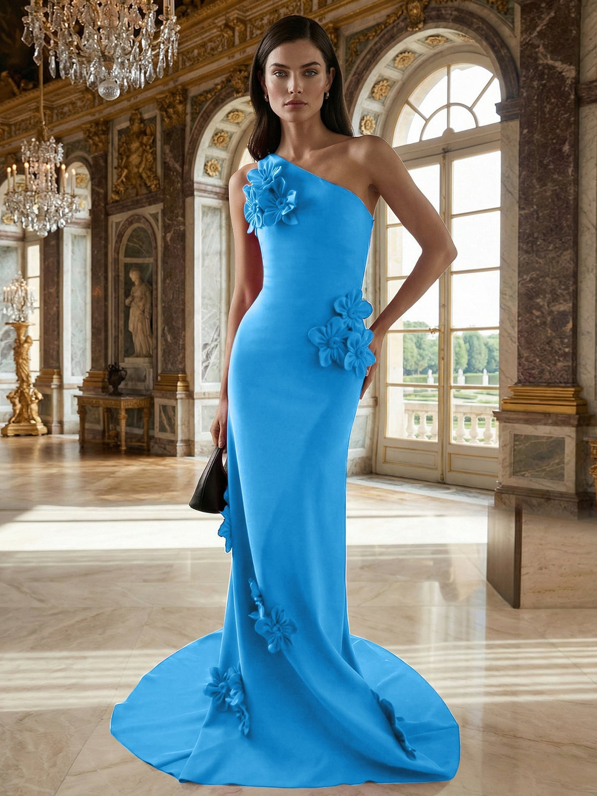 A-Line One-Shoulder Sleeveless Floor-Length Stretch Crepe Dress With 3D Flowers