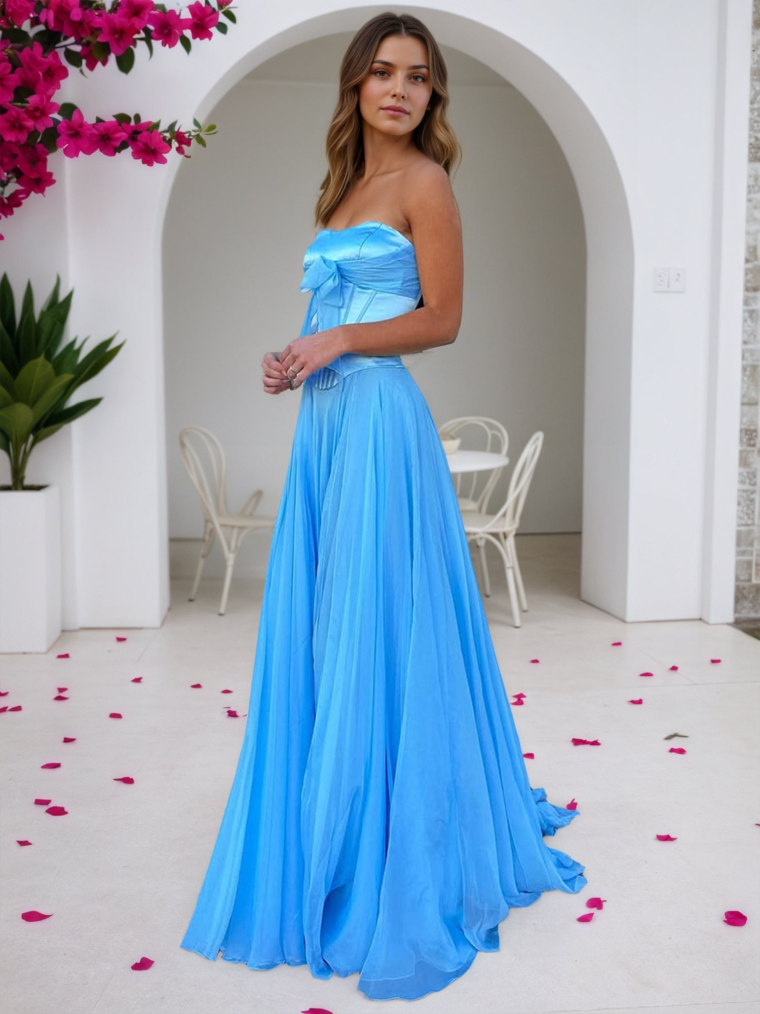 Sky Blue Strapless A-Line Corset Bodice Prom Dress with Bow