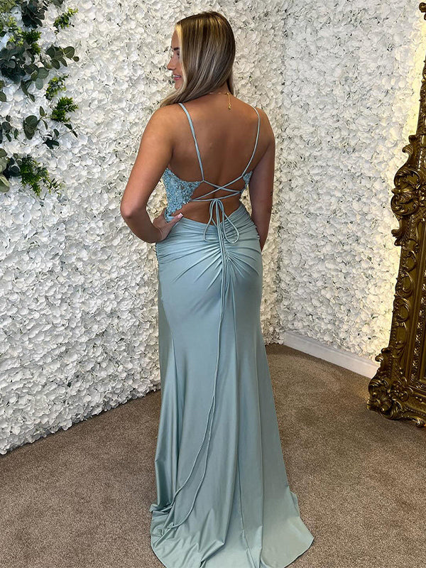 Sky Blue Mermaid Spaghetti Straps Backless Long Prom Dress with Slit - View 2 | FashionDia
