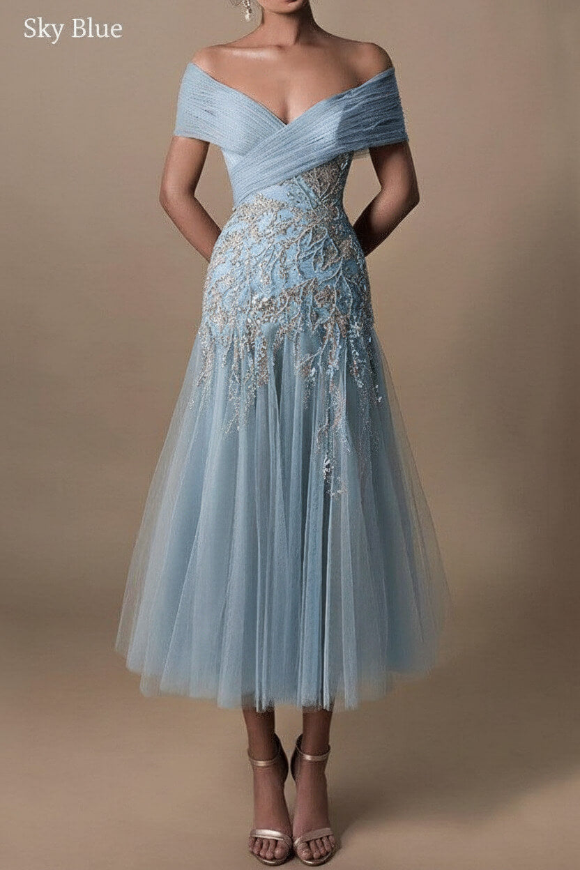 Gorgeous Short Long Off-the-Shoulder Beadings Beach Bridal Dress With Lace