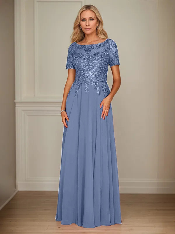 A-Line Chiffon Boat Neck Short Sleeves Floor-Length Mother of the Bride Dresses