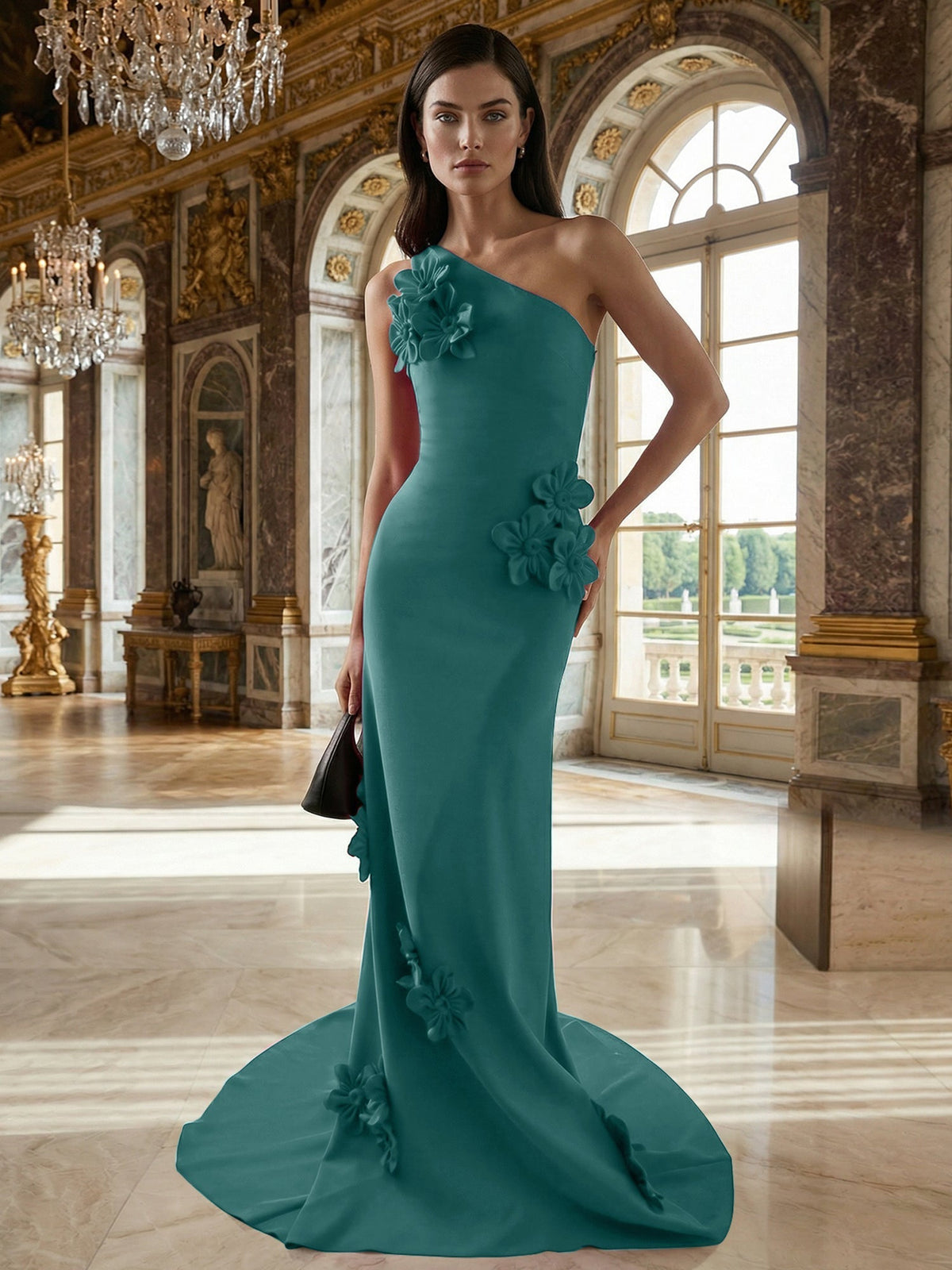 A-Line One-Shoulder Sleeveless Floor-Length Stretch Crepe Dress With 3D Flowers