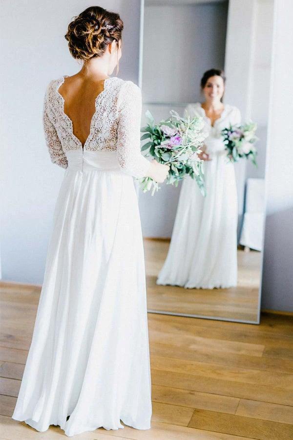 3/4 Sleeve See Through Backless Lace Chiffon Wedding Dresses (ZD16034)