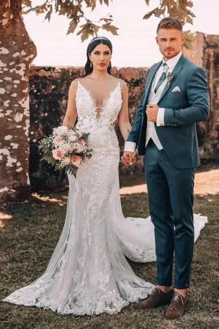 Sleeveless V-Neck Tulle Floor-Length Wedding Dress Lace (ZD15722)