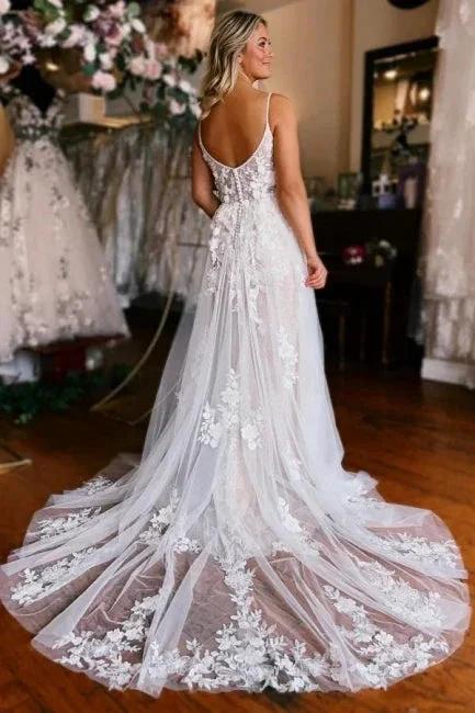 Sleeveless V-neck Straps Sexy Split Court Train Wedding Dress (ZD16488)