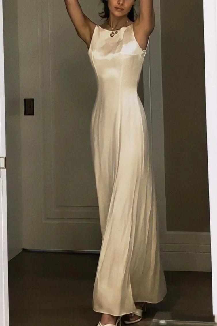 Sleeveless Satin Maxi Dress Sheath Ivory Modest Evening Dress