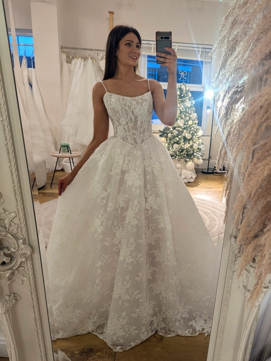 Romantic Square Neck Spaghetti Straps Lace Ball Gown Wedding Dress - VelvetHem