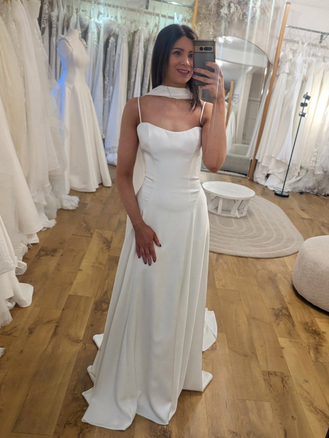 Modern Satin Sheath Bridal Gown With Detachable Neck Scarf - View 3 | VelvetHem