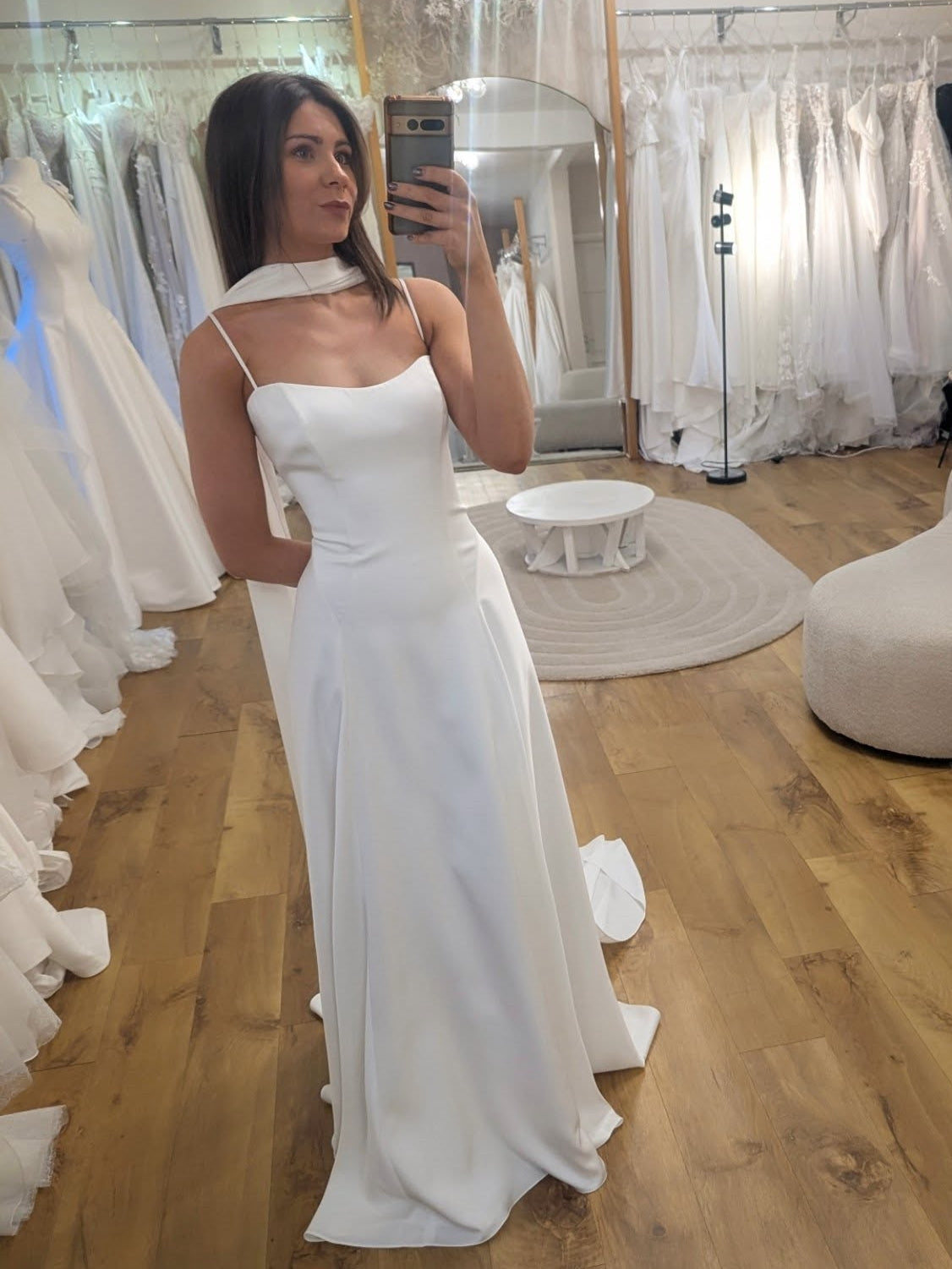 Modern Satin Sheath Bridal Gown With Detachable Neck Scarf - View 2 | VelvetHem