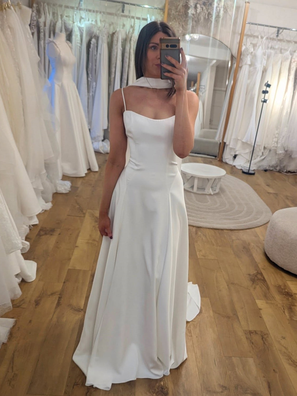 Modern Satin Sheath Bridal Gown With Detachable Neck Scarf - VelvetHem