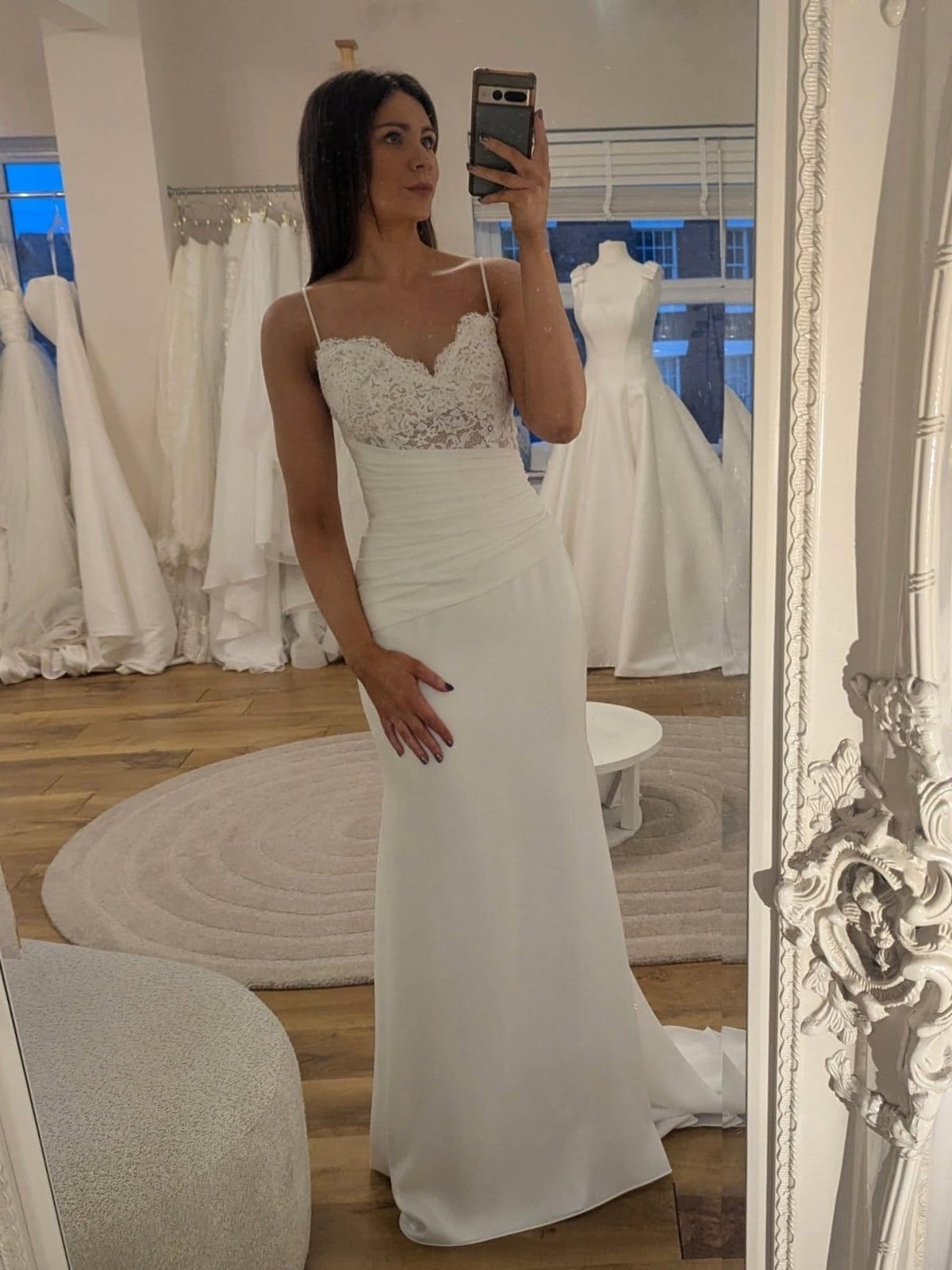 Fitted Ruched Satin Bridal Dress With Lace Sweetheart Bodice - View 2 | VelvetHem