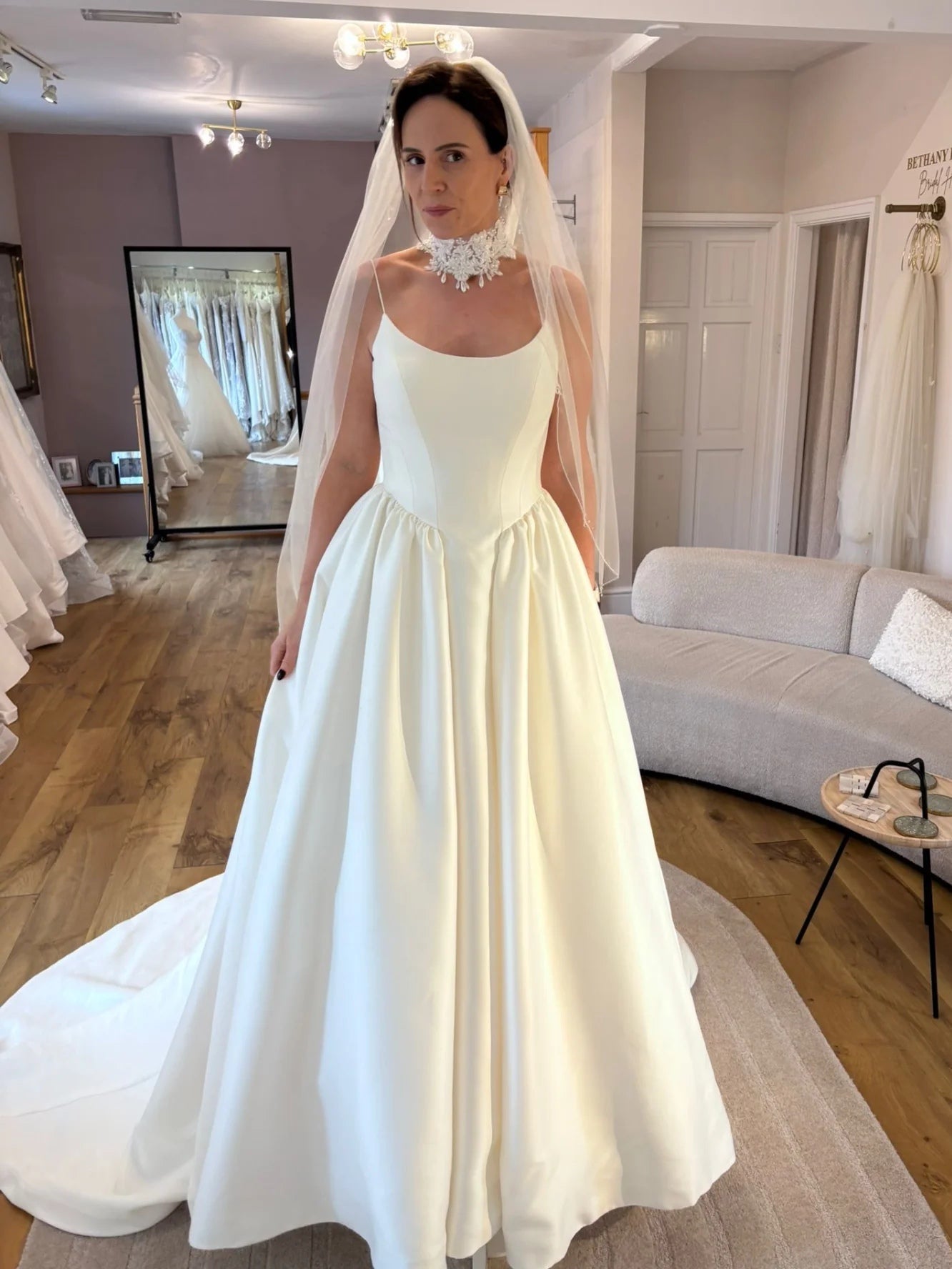 Scoop Neckline Spaghetti Strap Classic Satin Ballgown Wedding Dress