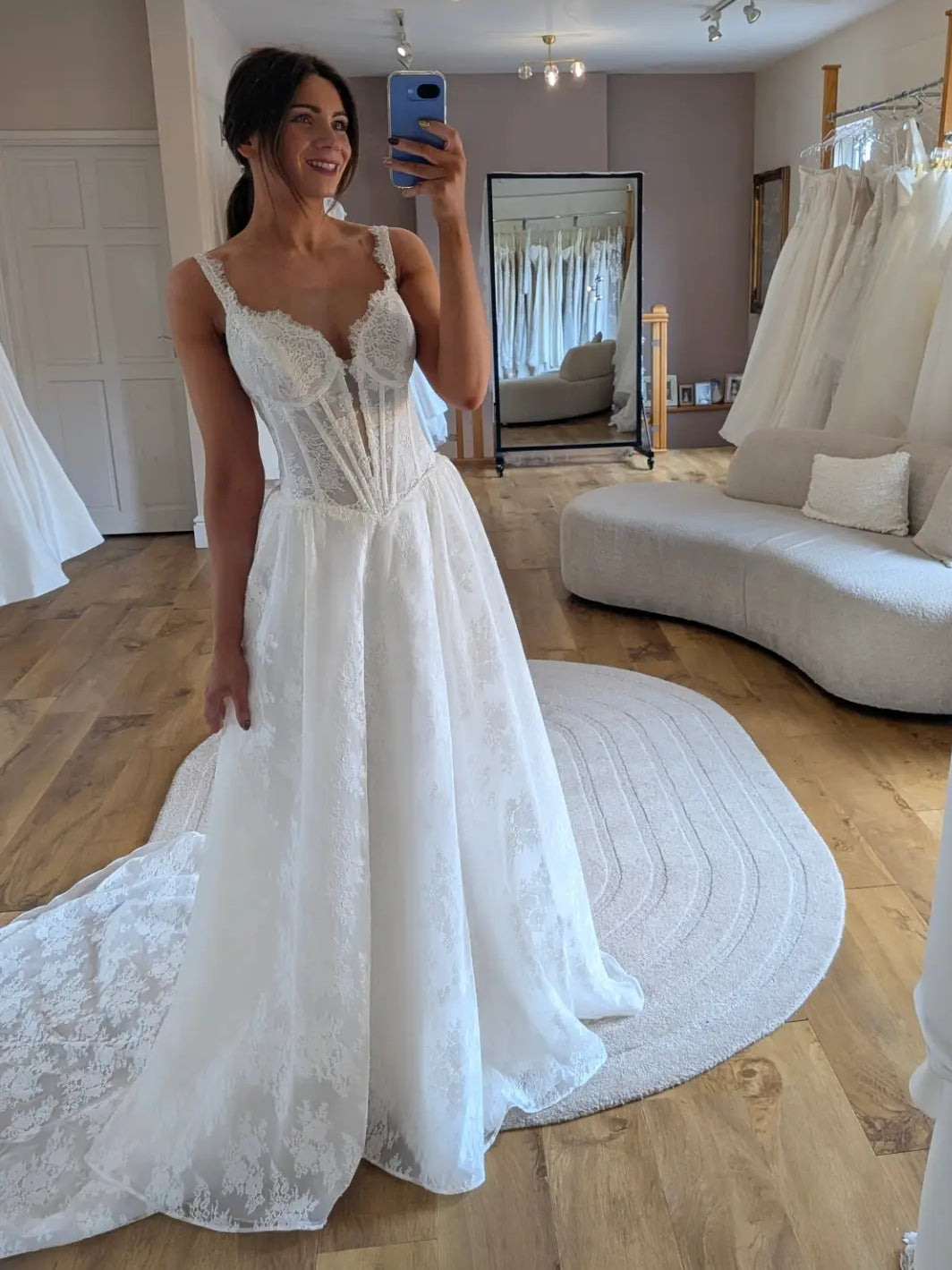 Lace A-Line V Neck Romantic Wedding Gown With Long Train