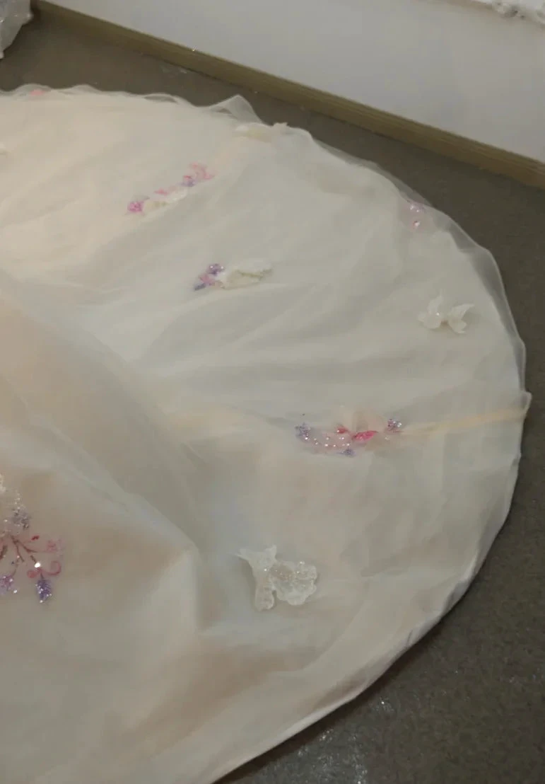 Blush Floral Strapless Ballgown Embroidered Skirt & Tulle Cape (ZD16783)