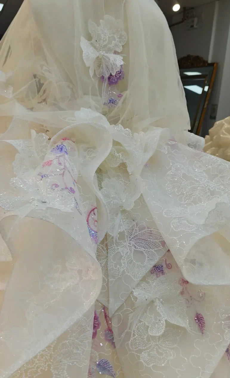 Blush Floral Strapless Ballgown Embroidered Skirt & Tulle Cape (ZD16783)