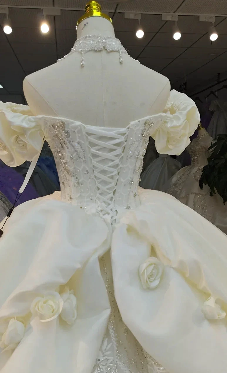 Ivory Rose Off-Shoulder Ballgown Beaded Bust & 3D Flower Skirt (ZD16785)