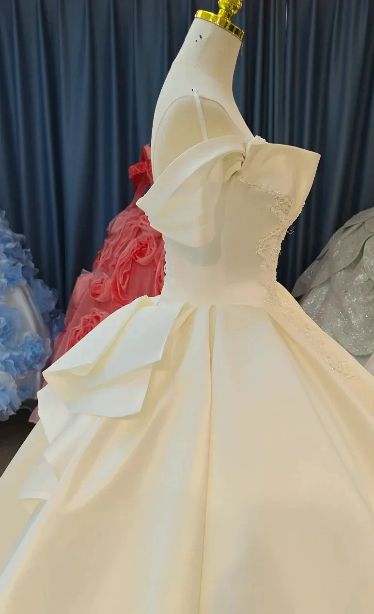 Ivory Lustre Off-Shoulder Ballgown Pearl-Embroidered Bodice & Cathedral Satin Train (ZD16789)