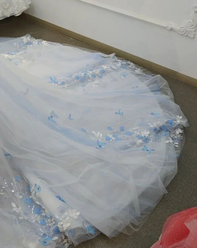 Enchanting Light Blue Ball Gown Strapless Beaded Mesh Wedding Dress with 3D Butterfly Accents Ye-2016 (ZD16793) - View 5 | VelvetHem