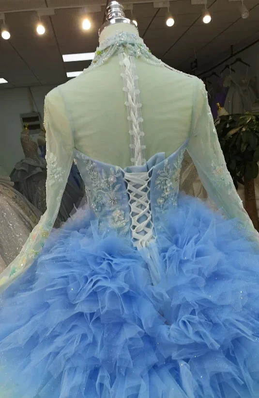 Vibrant Ombre Ball Gown High-Neck Long Embroidered Sleeve Beaded Ruffled Wedding Dress Ye-2017 (ZD16794)