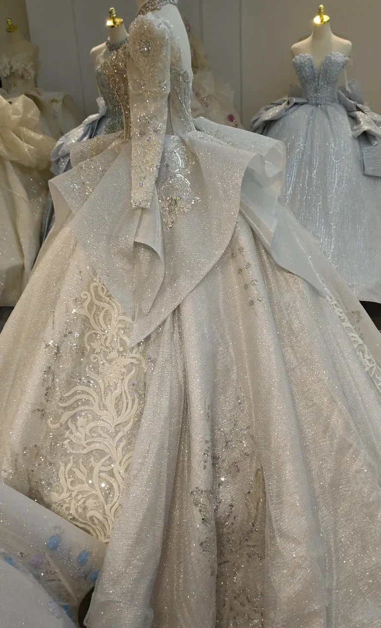 Gorgeous High-Neck Sequin Ball Gown Wedding Dress with Crystal Embroidery & Sheer Long Sleeves Ye-2021 (ZD16802)