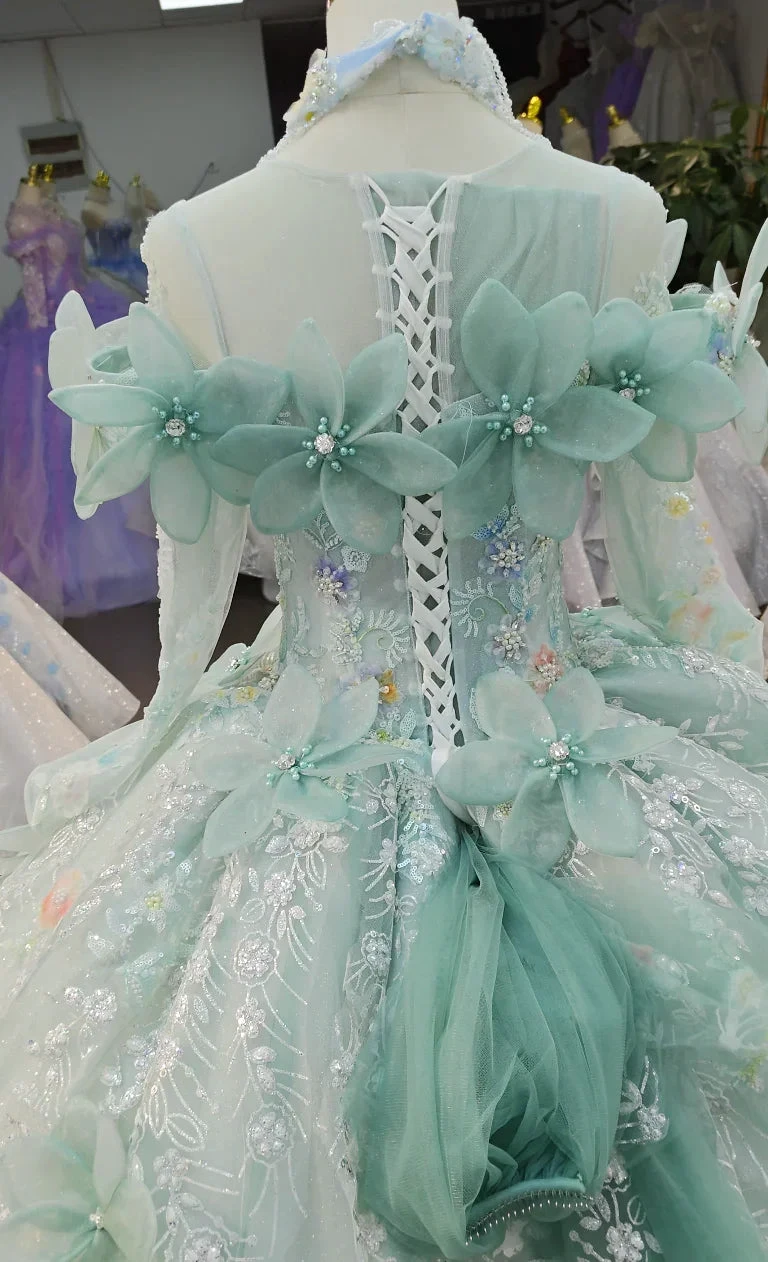 Fairy-Tale Mint Green High-Neck Ball Gown Wedding Dress with 3D Organza Flowers & Crystal Embroidery Ye-2025 (ZD16806) - View 6 | VelvetHem