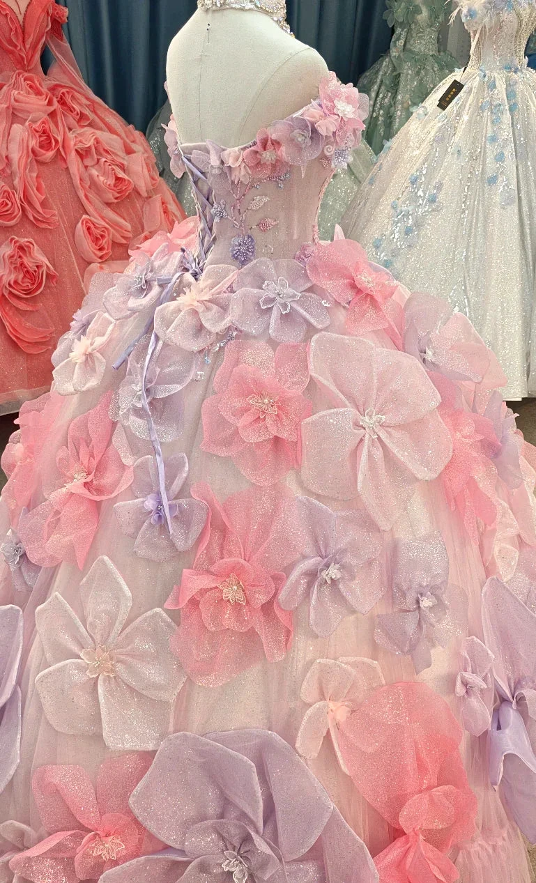 Enchanting Pastel Pink & Purple Off-the-Shoulder Ball Gown Wedding Dress with 3D Glitter Flowers & Crystal Collar Ye-2027 (ZD16808) - View 5 | VelvetHem