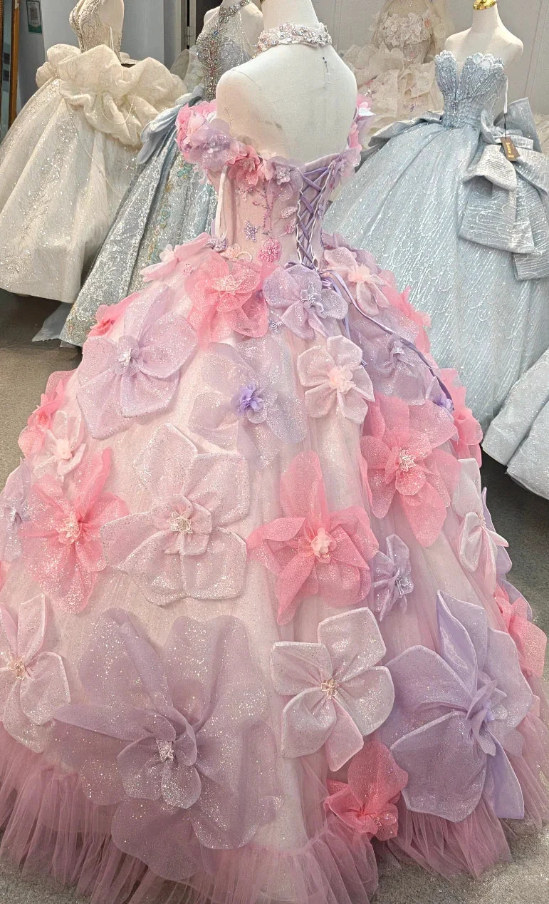 Enchanting Pastel Pink & Purple Off-the-Shoulder Ball Gown Wedding Dress with 3D Glitter Flowers & Crystal Collar Ye-2027 (ZD16808)