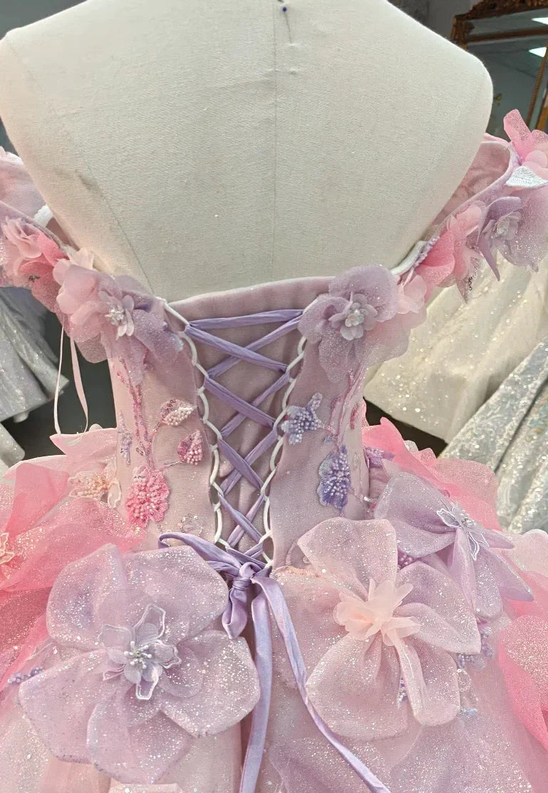 Enchanting Pastel Pink & Purple Off-the-Shoulder Ball Gown Wedding Dress with 3D Glitter Flowers & Crystal Collar Ye-2027 (ZD16808)