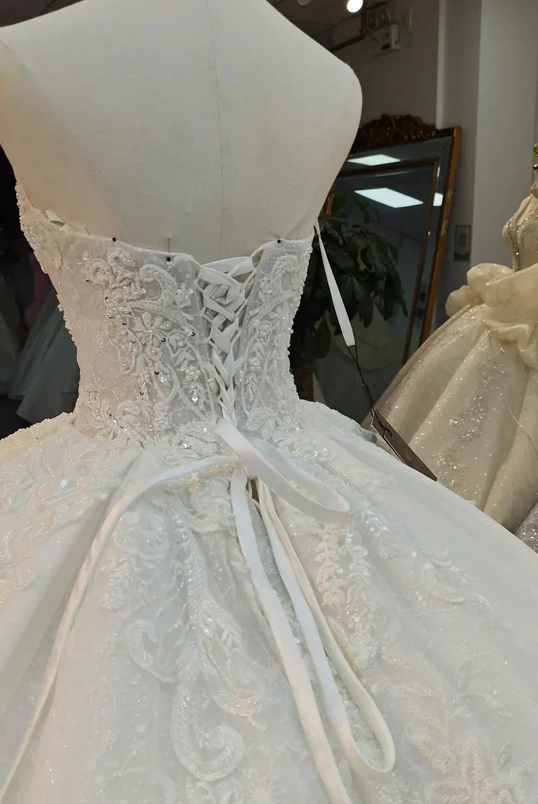 Opulent Strapless Ball Gown Wedding Dress with Pearl Beaded Lace, Sequin Tulle & Corset Lace-Up Back Ye-2030 (ZD16811)