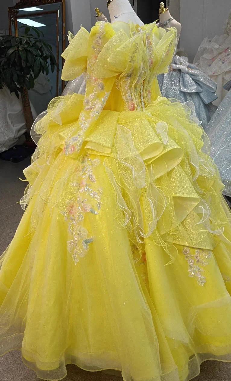 Vibrant Yellow High-Neck Ball Gown Wedding Dress with Ruffled Tulle, 3D Floral Embroidery & Corset Back Ye-2031 (ZD16812)