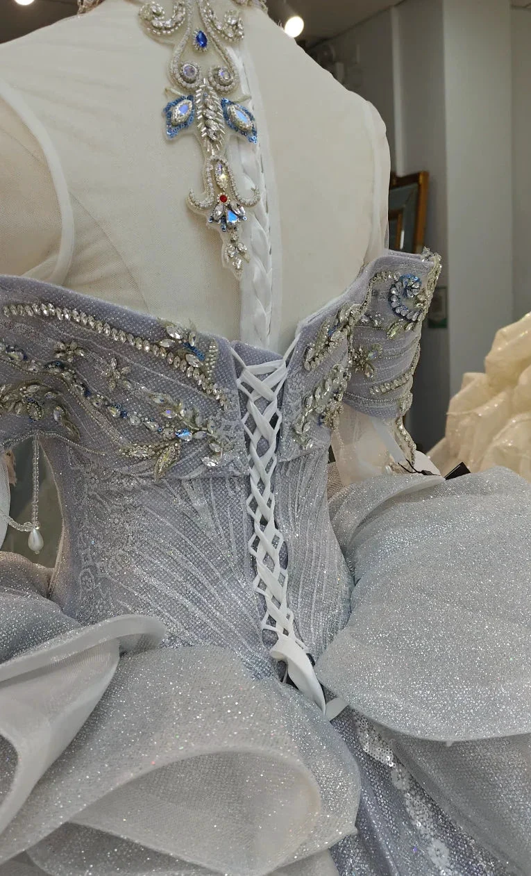 Regal Silver-Gray Off-the-Shoulder Ball Gown Wedding Dress with Crystal Collar, Beaded Embroidery & Tulle Train Ye-2032 (ZD16813) - View 4 | VelvetHem