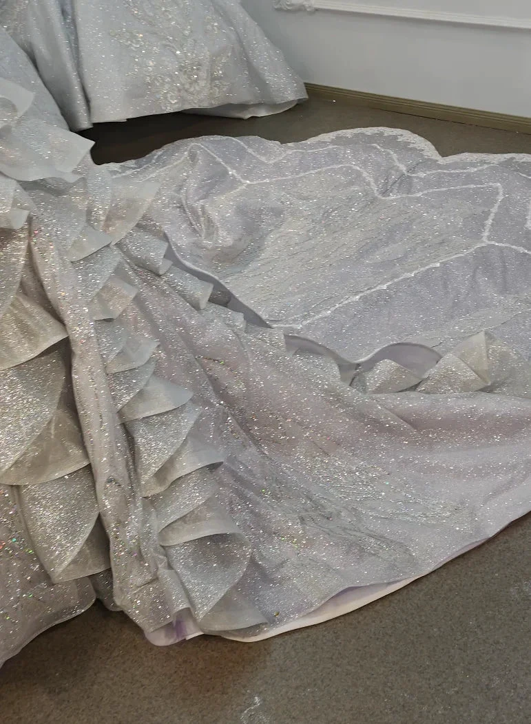 Regal Silver-Gray Off-the-Shoulder Ball Gown Wedding Dress with Crystal Collar, Beaded Embroidery & Tulle Train Ye-2032 (ZD16813)