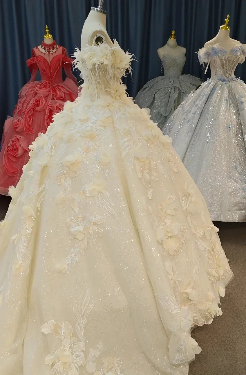 Ethereal Off-the-Shoulder Ball Gown Wedding Dress with 3D Floral Appliqués, Pearl Beading & Glitter Tulle Ye-2038 (ZD16830)