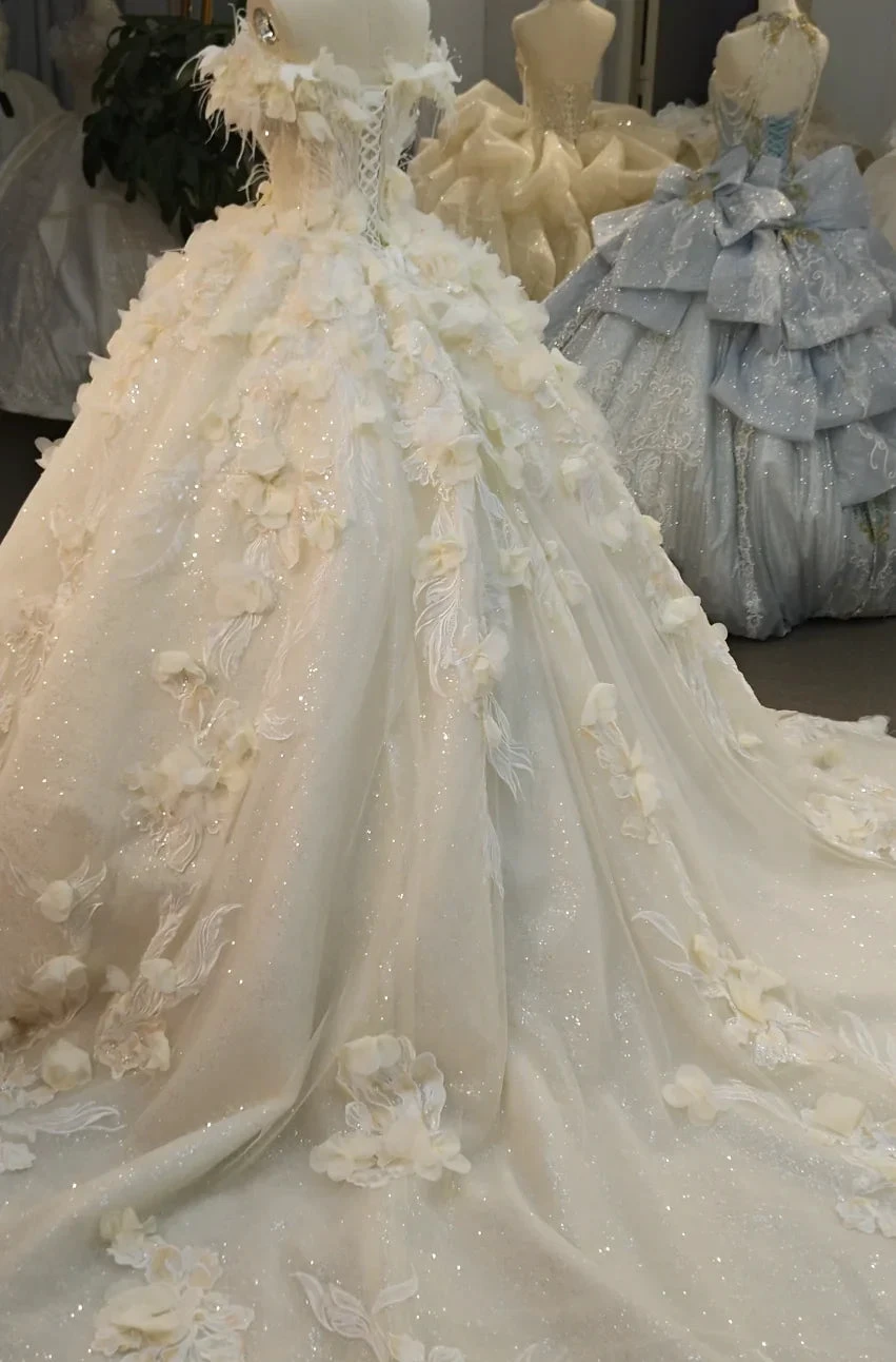 Ethereal Off-the-Shoulder Ball Gown Wedding Dress with 3D Floral Appliqu�s, Pearl Beading & Glitter Tulle Ye-2038 (ZD16830) - View 4 | VelvetHem