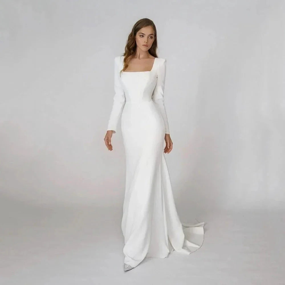 Elegant Satin Mermaid Wedding Dress Square Neck Long Sleeves Backless Party Bridal Dress Bride Dress Vestido De Noiva (ZD13511)