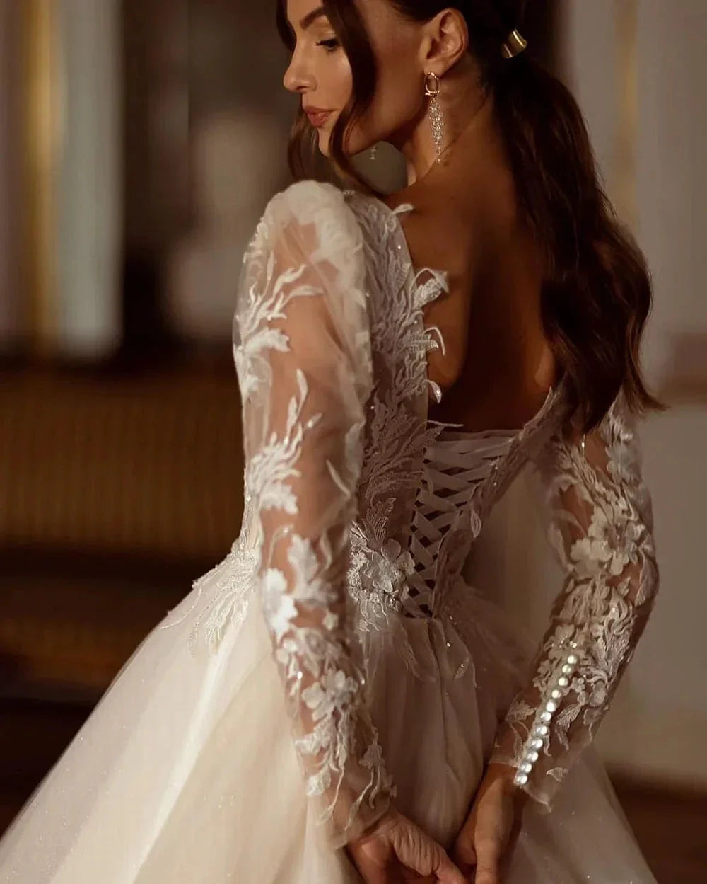 Glitter Champagne Wedding Dresses Long Sleeve Appliques Lace Modern Bridal Dress Tulle Bride Gown vestidos de novia (ZD13566)