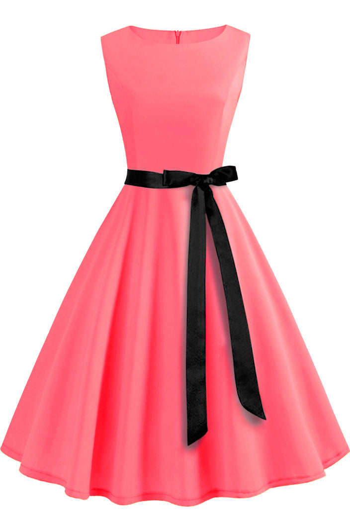 Solid Hepburn Sleeveless Lace-up Dress - Fashionpara