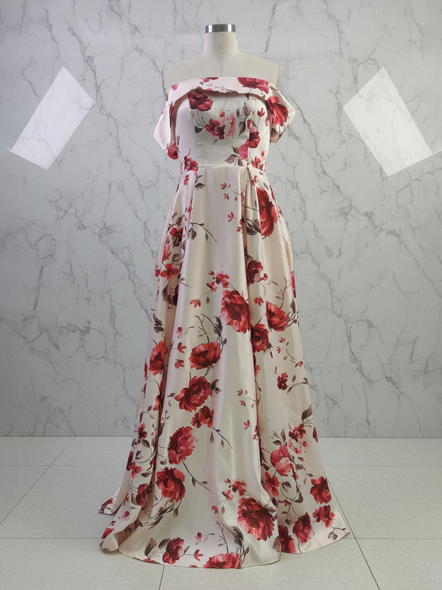 Sophisticated Cream Satin Off-the-Shoulder Floral Prom Gown