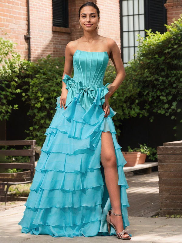 Blue A-Line Strapless Long Pleated Prom Dress With Slit - FashionDia