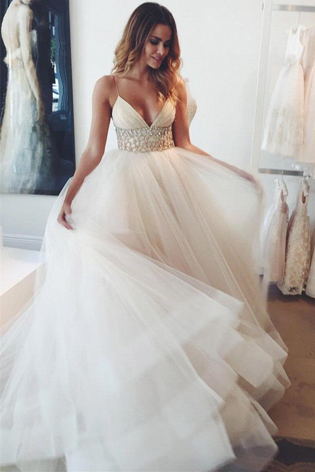 Spaghetti Strap Empire Bridal Dresses Crystal Tulle V-Neck Wedding Dress