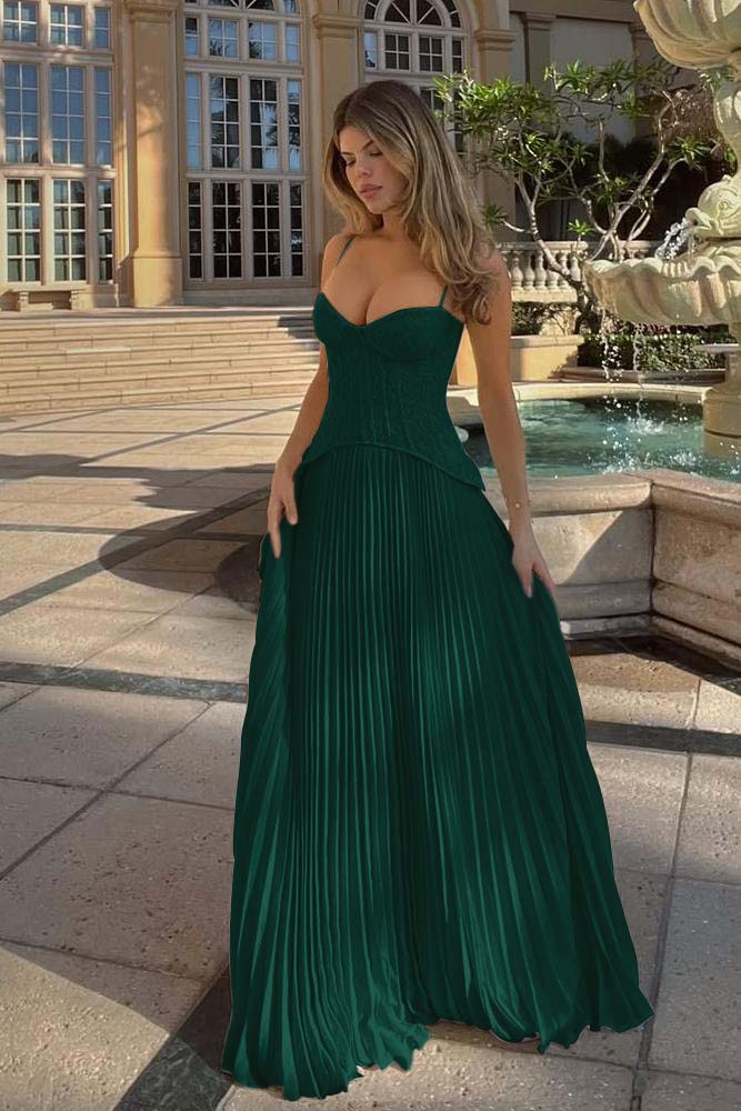 Spaghetti Strap Sleeveless Long Evening Formal Dress With Ruffled Embroidery