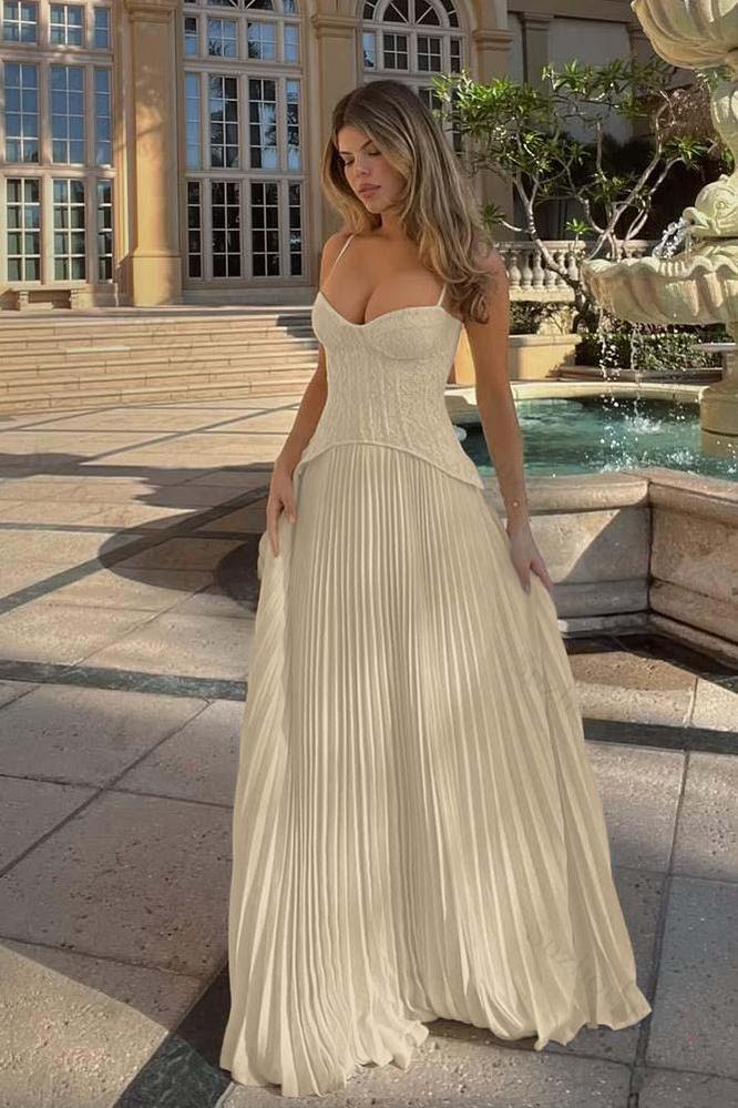 Spaghetti Strap Sleeveless Long Evening Formal Dress With Ruffled Embroidery