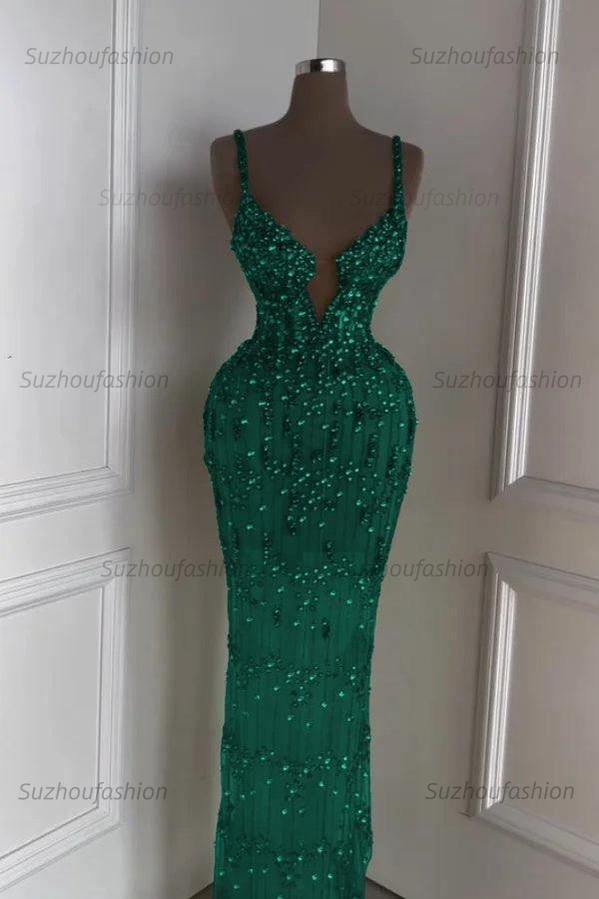 Spaghetti Strap Sleeveless Long Mermaid Evening Formal Dress With Beading