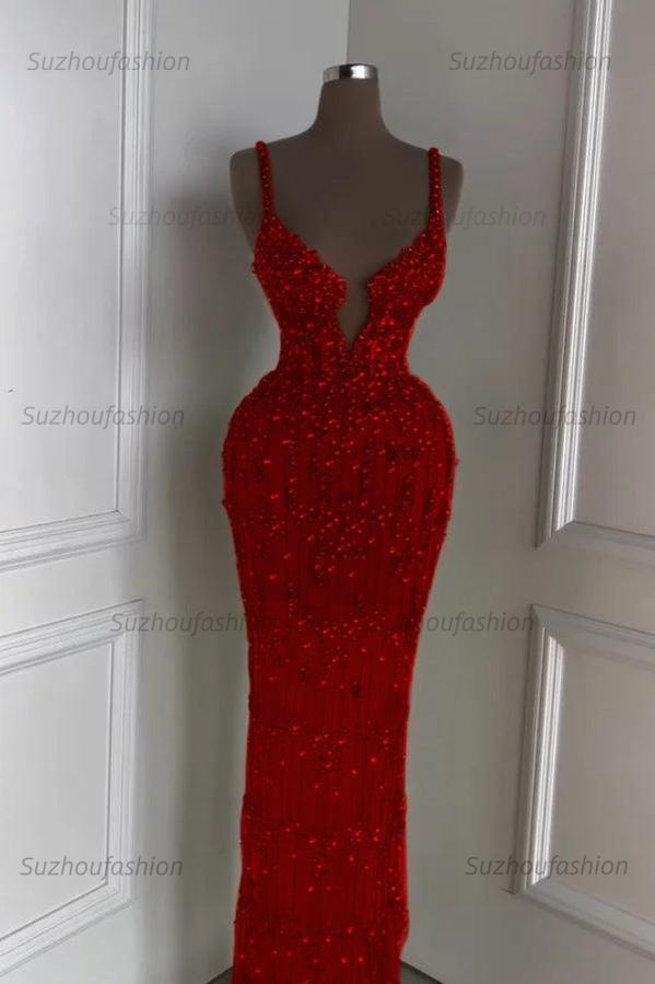 Spaghetti Strap Sleeveless Long Mermaid Evening Formal Dress With Beading