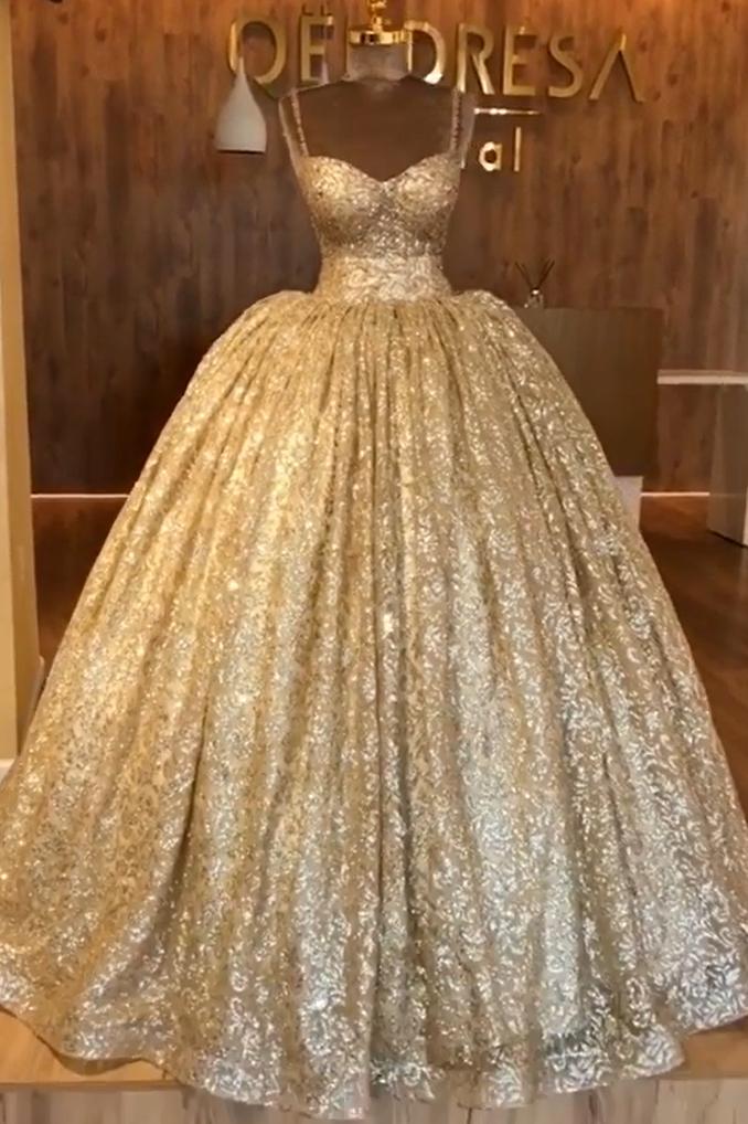 Spaghetti Straps Ball Gown Evening Dress | Gold Sparkle Sequins Luxury Formal Dress BC0826