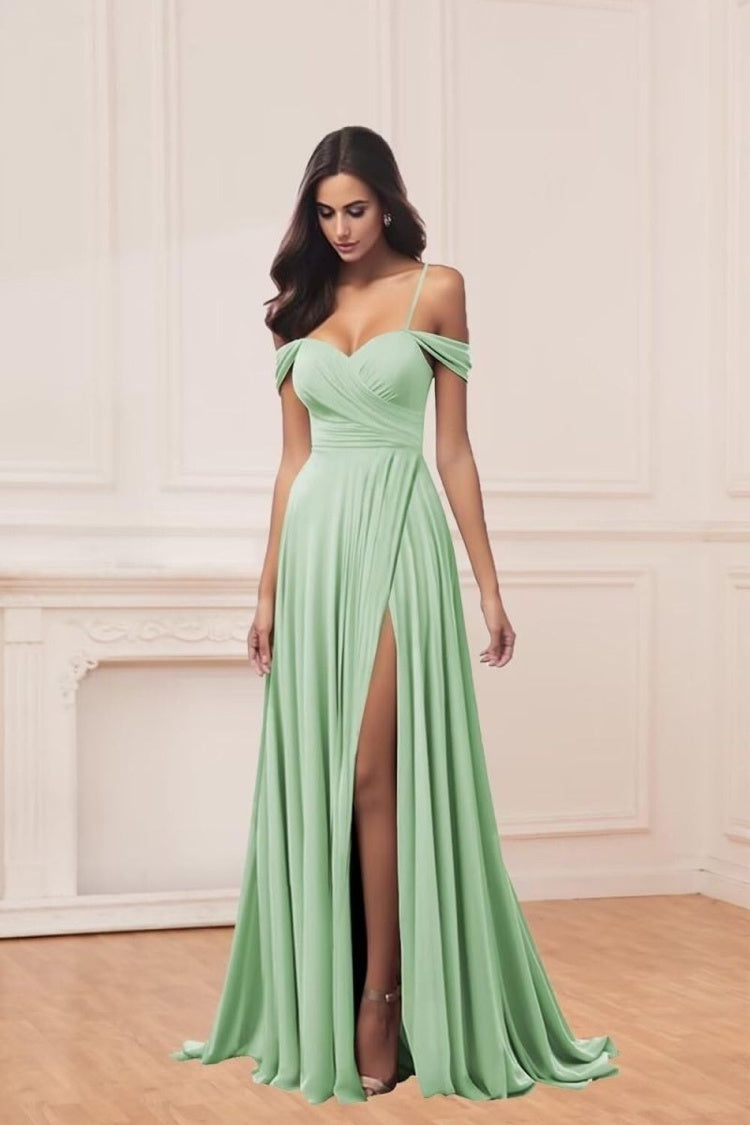 Spaghetti Straps Bridesmaid Dress Burgundy Wedding Guest Dress with Slit