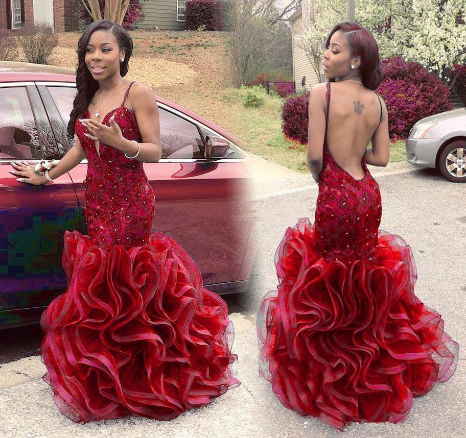 Spaghetti Straps Organza Ruffles Sexy Evening Dresses Backless V-neck Prom Gowns BA2774