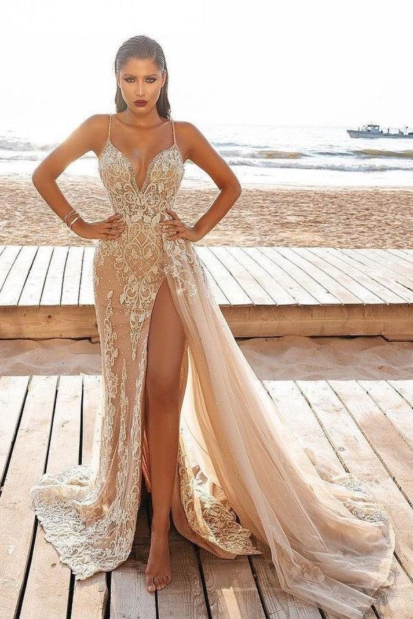 Spaghetti Straps V Neck Beach Wedding Dresses Tulle Appliques Lace High-Split Mermaid Beach Bridal Dresses