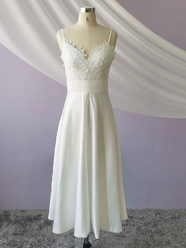 Spaghetti Straps V Neck Lace Tea-Length Ruffles Beach Wedding Dresses